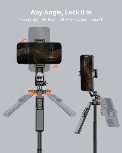 4-Leg Phone Tripod, 71-inch Selfie Stick for iPhone & Android | Anti-Slip Quadrapod Base, Snap-Release Phone Holder, Aluminum Alloy Pole for Durability, Secondary Handle Grip for Stability