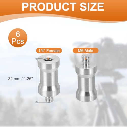 PATIKIL Camera Spigot Screws Converter 1/4" Female to M6 Male, 6 Pack Tripod Screw Adapter Spigot Stud for Light Stand Hot Shoe Cold Shoe Adapter Ball Head Flash, Silver