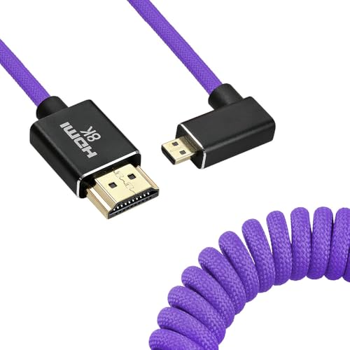 Uonecn Micro HDMI to HDMI Cable Coiled for Atomos Ninja-V, HDMI to Micro HDMI Spring Cord for Canon R5C R5 R6, Support 3D HDR 1080P HD eARC, Left Angle Purple 12-18" - color: Purple Braided, size: 12-18"(L-A)