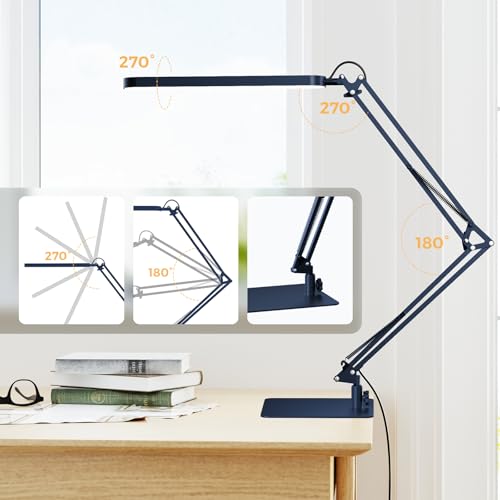 SKYLEO LED Desk Lamp with Slim Base - Adjustable Swing Arm Desk Light, Dimmable, Timer, Eye Protection, Memory Function, 1300LM, 12W, Blue - style: Blue swing arm with Base