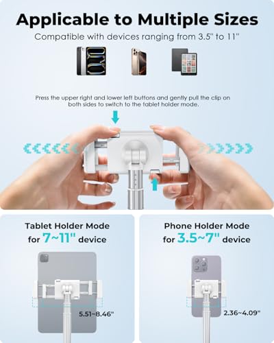 Viozon Tablet Floor Stand, Height & Angle Adjustable Tablet Holder with Aluminum Alloy Arm Tube, 360° Rotation for Bed, Sofa, Desk, Compatible with 3.5-11'' iPad Pro/Air/Mini, iPhone 15/14, Kindle. - color: White