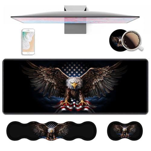 4 in 1 Ergonomic Keyboard Wrist Rest & Mouse Pad Wrist Rest Set, Large XXL Gaming Desk Mat 31.5"x 11.8" with Non-Slip Base, Memory Foam for Home Office Study Gaming, American Flag Bald Eagle - color: American Flag Bald Eagle