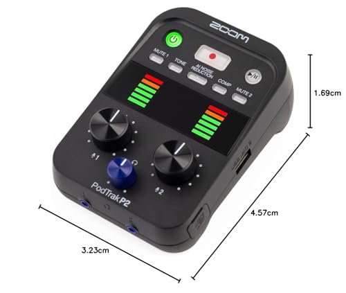 Zoom PodTrak P2 Podcast Recorder, 2 USB Mic Inputs, 2 Headphone Outputs, AI Noise Reduction, Tone & COMP Effects, Remote Guest Recording, SD Card, Battery/USB-C Powered | 2 Headphone Outputs, SD Card Recording, Aa Battery or USB-C Power, Tone and Compress
