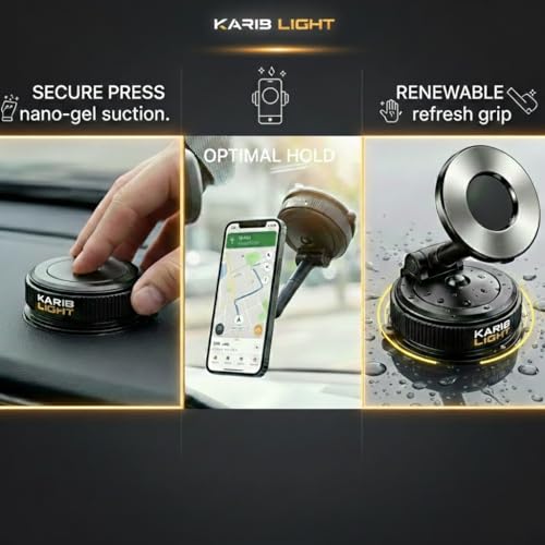 Car Mount, Magnetic Phone Holder with Washable Nano-Gel Suction for Smooth Dashboards and Windshields, 360° Rotating 3-Axis Foldable Mount for iPhone, Samsung and Android