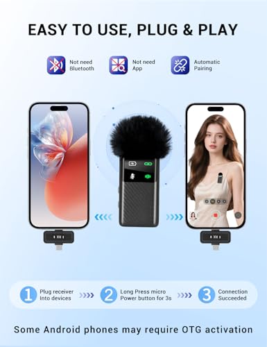 Wireless Mini Microphone for iPhone iPad Android Phone, Noise Reduction, 25H Battery Charging Case, Plug and Play Magnetic Clip on Lavalier Mics for Video Recording Podcast Vlogging