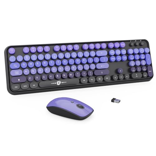 FD Wireless Keyboard and Mouse Combo | Cute Colorful Keyboard and Mouse with 2.4GHz Cordless Retro Typewriter Keyboard | Auto-Sleep | USB Receiver for Windows PC/Laptop - Black Purple Gradient - color: V2020 Purple Gradient