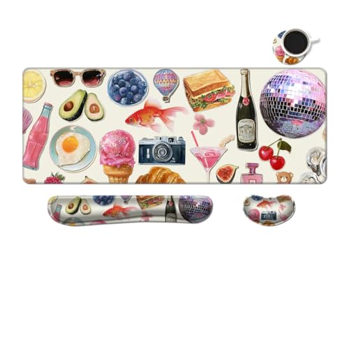 MIBITRI Keyboard Mouse Pad Set, Extended Gaming Mouse Pad+Ergonomics Keyboard Wrist Rest Support, Memory Foam, Easy Typing Pain Relief, 4Pcs XXL Ultra Thick Desk Mat, Collage Lovely - color: Collage Lovely