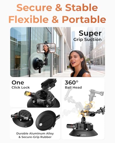 CAMBOFOTO 4.6" Camera Suction Cup Mount with Ball Head Magic Arm, Car Mount with Action Camera Adapter and Phone Holder, Compatible with DSLR Cameras Sony, Canon, Nikon/Phone/DJI/Insta 360