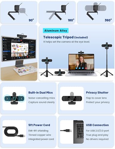 Pro QHD 2K/60fps Webcam with Tripod, External USB Camera for PC/Laptop | Dual noise-cancelling mics | Auto-focus | Wide-angle | Low-light correction | 360° rotation | CMOS sensor | Plug and Play - style: 2K | 60fps | USB Cable | Tripod Included