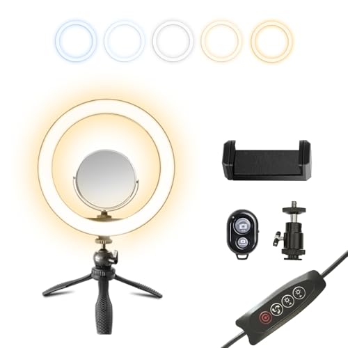 10" Desk Ring Light with Stable Tripod & Interchangeable Makeup Mirror/Phone Clamp, 120 LEDs 5 Dimmable Color & 10 Brightness Level, Ring Light for Desk/Zoom/TikTok/Makeup - size: 10" Mirror Surface