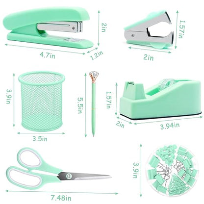 Green Office Supplies, Purple Desk Accessories, Stapler, Staple Remover, Tape Holder, Pen Holder, Ballpoint Pen, Scissor, Binder Clips, Paper Clips and 1000pcs Staples. - color: Green