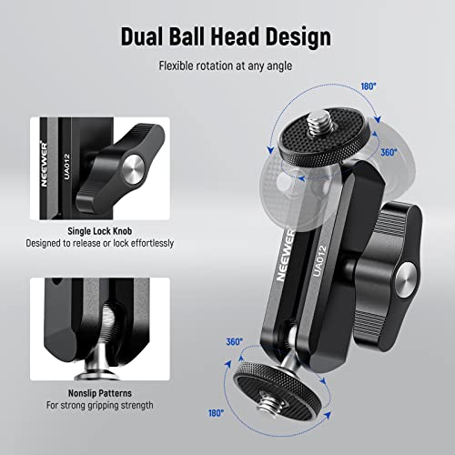 NEEWER Flexible Articulating Magic Arm with Dual Ball Heads, CNC Machined Aluminum Alloy with 1/4" Screws&Holes for Camera Monitor, LED Light, Microphone, Tripod, Compatible with SmallRig Cage, UA012 - style: UA012
