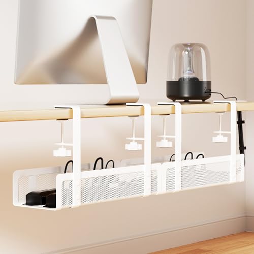 [Upgraded] 2 Pack Cable Management Under Desk Tray, Xpatee 27.6" No Drill Open Slots Cable Management Tray, Cord Wire Organizer Box with Clamp for Table Thickness up to 3" - No Desk Damage(White) - color: White, size: 2 Pack (Upgraded Mesh)