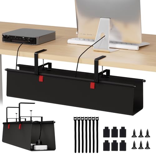 Under Desk Cable Management Tray - 28" Cord Organizer for Desk No Drill, Fabric Under Table Wire Organizer with 16X Cable Ties Hide for Office/Home, Cord Hider Fits Adapters & Sockets, Black - color: Black, size: 28'' L