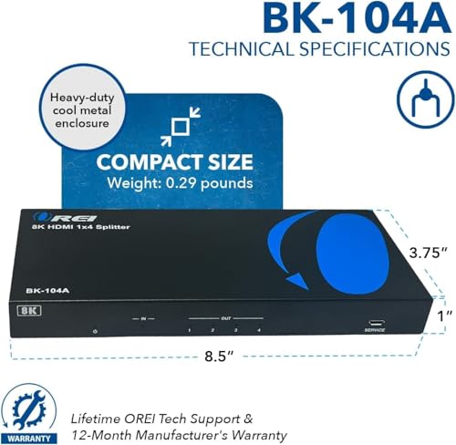 OREI 8K HDMI Splitter 1 in 4 Out, 1 x 4 Duplicate/Mirro Screen with Audio Extractor UltraHD Supports Upto 4K @ 120Hz IR EDID HDCP 2.3 for PS5, Xbox, NVIDIA (BK-104A) - style: 8K@60Hz - 4 Outputs w/ Audio Extractor