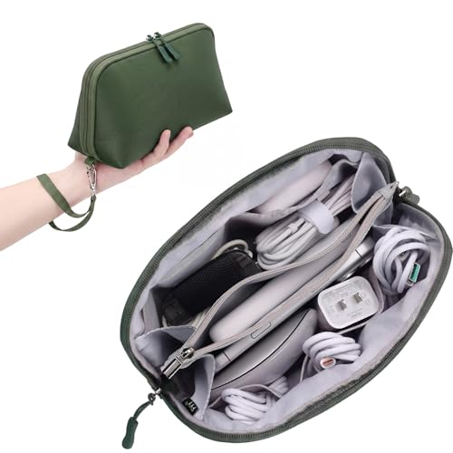 FYY Travel Cable Organizer - 8 Compartments, Lightweight, Water Repellent | With Wrist Strap, Portable Tech Pouch for Cord Charger, Travel and Business Trips Use, Soft Shell Nylon, Green (Large) - color: Green, size: (L) 9.6"× 5.5"× 3.7"