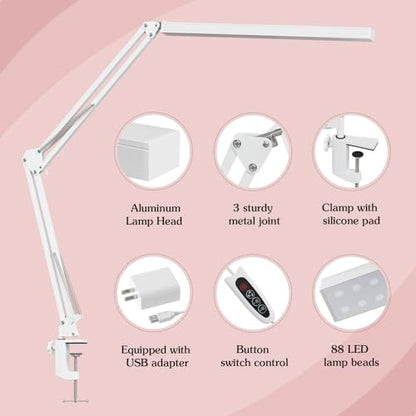 LED Desk Lamp, Manicure Table Lamp, 16" Lamp Head, Dimmable Eye-Caring Drafting Light with 3 Color Modes, 10 Brightness Levels & Adapter, Memory Function(White) - color: White
