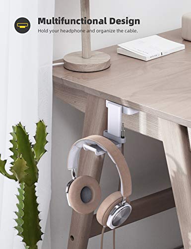 Lamicall Headphone Stand, Sticky Headset Hanger - 360 Degree Rotation Earphone Adhesive Hook Holder Mount, Table Headphone Stand with Cable Organizer, Headset Clamp for HyperX, Sennheiser -White - color: White