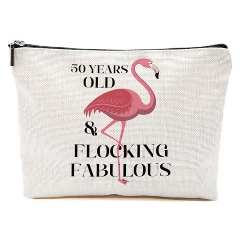 Flamingo Funny Makeup Bag - 50th Birthday Gift for Her, Turning 50 Cosmetic Bag with Flamingo Lover Pattern - color: 50 Years Old