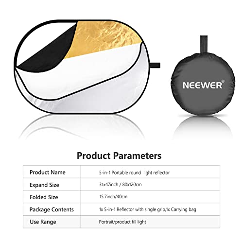 NEEWER 31"x47"/80x120cm Light Reflectors for Photography, Portable 5 in 1 Collapsible Multi Disc with Bag - Translucent, Silver, Gold, Black, White Diffuser for Studio and Outdoor Lighting - size: 31" x 47"