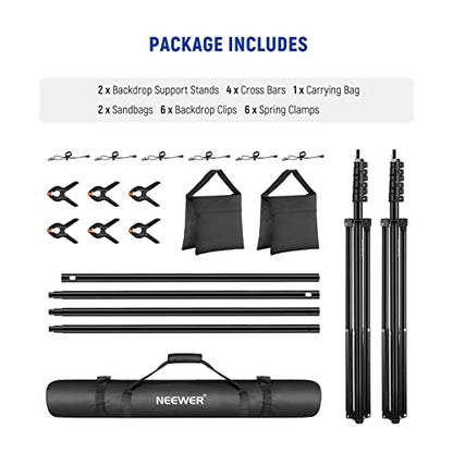 NEEWER 8.5x10ft Adjustable Backdrop Stand Kit, Photography Background Support System with 4 Crossbars, 6 Spring Clamps, 6 Backdrop Clips, 2 Sandbags, and Carrying Bag for Photo Video Party Ceremony - size: 10ft x 8.5ft