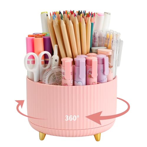 Camelmother 360°Rotating Pen&Pencil Holder For Desk With 5Slots Cute Office | Spacious Beautiful & Durable For Teachers Students Workers Easy Storage for Pens Stationery - color: pink