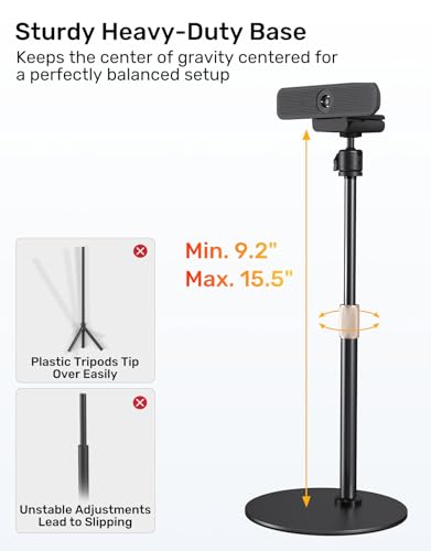 Upgraded Webcam Stand for Desk, Telescopic Webcam Tripod Mount with Ball Head, Compatible with Logitech Camera C922 C930e C920S C920 C615 C960 C920x BRIO 4K NexiGo N60, Phone Holder with 1/4" Thread - size: Smaller Base