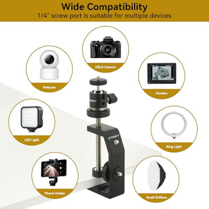 UTEBIT Super Clamp Mount with Mini Ball Head Mount, Black (90mm) | 1/4" Screw Hot Shoe Mount Adapter Camera Clamp Mount for Desk, Bicycle Gopro Clamp Mount Compatible for DJI Action 2/Insta360 - size: 90mm