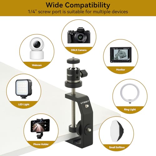 UTEBIT Super Clamp Mount with Mini Ball Head Mount, Black (90mm) | 1/4" Screw Hot Shoe Mount Adapter Camera Clamp Mount for Desk, Bicycle Gopro Clamp Mount Compatible for DJI Action 2/Insta360 - size: 90mm