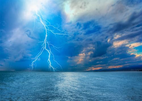 Lightning Strike Backdrop Fabric 17x10ft Dark Clouds Blue Sky Sea Ocean Thunder-Storm Background for Bad Weather Disaster Party Decorations Adults Halloween Themed Photoshoot Props - size: 17x10FT