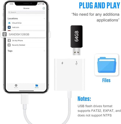 Lightning to USB Camera Adapter for iPhone, USB3 Female OTG Adapter with Charging Port, Plug and Play, Support Card Reader, USB Flash Drives, Keyboard [Apple MFi Certified]