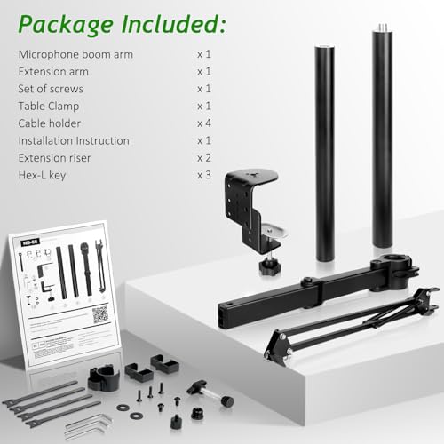 Mic Boom Arm, Adjustable Height Overhead Microphone Stand with Heightened Extension Riser for Shure SM7B Blue Yeti HyperX QuadCast S and other Mic