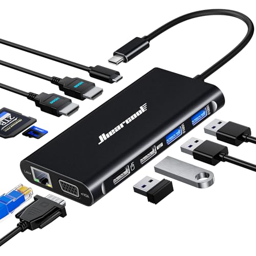 Hiearcool USB C Laptop Docking Station, 11-in-1 Type C Hub Multiport Adapter Dongle, USB C Dock with Dual HDMI VGA 100W PD Charging Gigabit Ethernet for Dell HP Lenovo Windows Laptops - color: Carbon Black