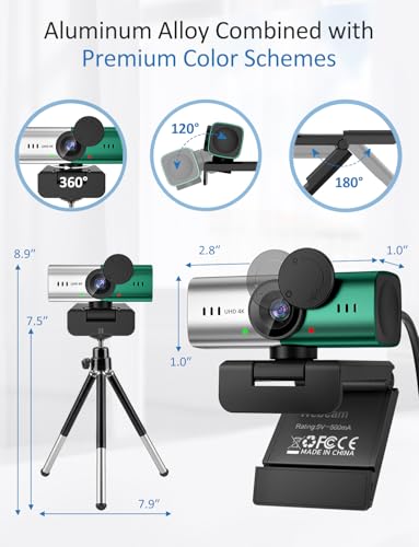 Webcam for PC, 4K Streaming Camera, Web Camera for Desktop/Laptop Computer Webcam with Microphone, Plug and Play USB Web Cam, Aluminum alloy casing, for Live Streaming, Video Calls (Silver green) - color: Silver green