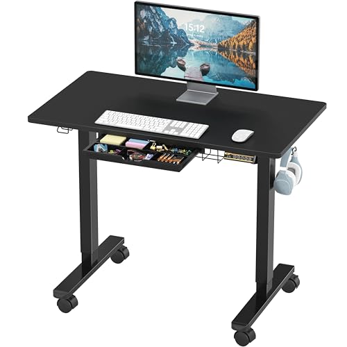 SHW 40-Inch Mobile Electric Height Adjustable Sit to Stand Desk with Drawer, Hanging Hooks and Cable Management, Black - color: Black