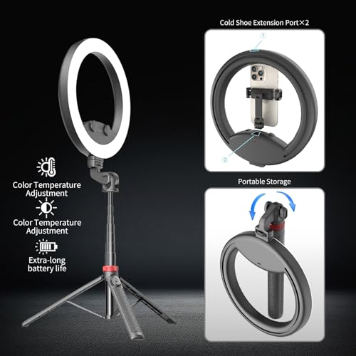 10''Selfie Ring Light with 64''Tripod Stand,Rechargeable Ring Light with Phone Holder and Remote Control,Adjustable Color Temperature and Brightness,5000mAh Battery,Live Streaming,Makeup,Travel,Gaming