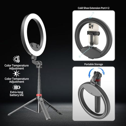 10''Selfie Ring Light with 64''Tripod Stand,Rechargeable Ring Light with Phone Holder and Remote Control,Adjustable Color Temperature and Brightness,5000mAh Battery,Live Streaming,Makeup,Travel,Gaming