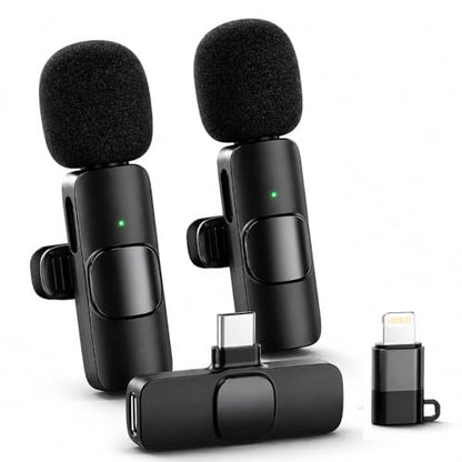 Acuvar Wireless Lavalier Microphone for iPhone & Android, 2 Pack Mini Wireless Mic, Plug & Play Clip On Microphone for Video Recording, Interview, Vlog with Adapter