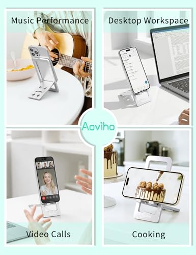 Aoviho Phone Stand for Desk, Ultra-Thin Foldable Aluminum Phone Holder, Portable Travel & Office Cell Phone Stand Compatible with iPhone 17 16 15 14 13 12 Pro Max, Fits 3.7"-7" Devices, Silver - color: Silver