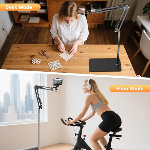 Floor Overhead Phone Mount, Phone Tripod Stand for Video Recording, Arm Holder Compatible with iPhone Camera with 1/4”Screw for Filming, Food Photograhy, Live Content Creation