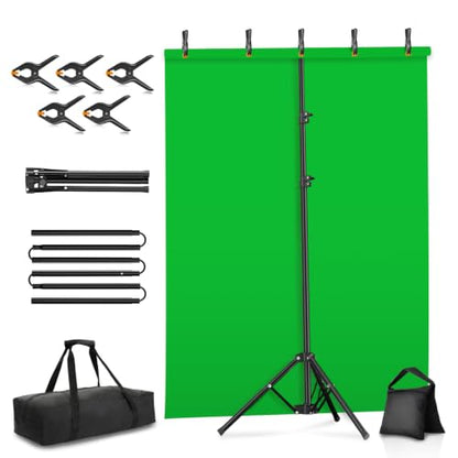 Green Screen Backdrop Kit with Stand, 8x7.2ft Green Background with Reverse Folding Base, Portable T-Shape Stand with 5 Spring Clamps, Sandbag, Carry Bag for Zoom, Streaming, Photography
