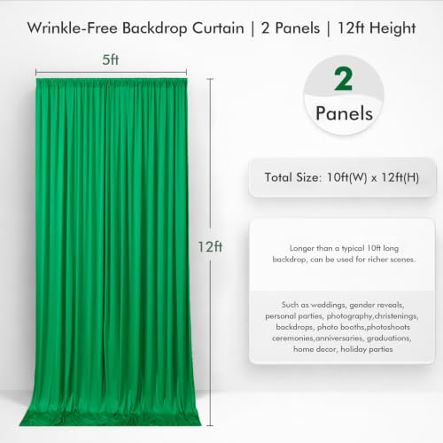 10ftx12ft Wrinkle Free Green Backdrop Curtain Photo Backdrop Drapes | 2 Panels 5×12ft Height Green Silky Polyester Fabric Back Drop Cloth for Wedding Party Birthday Photography Background Drape - color: Green, size: (W)5ft x (H)12ft (2 Panel)