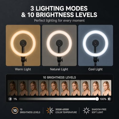 Ring Light with Stand and Wireless Microphone, 10" Magnetic Selfie Light 5000mAh Rechargeable 3000K-6500K, 71" Tripod with Extra Phone Holder, All-in-One Content Creator Kit for Live Stream Vlog