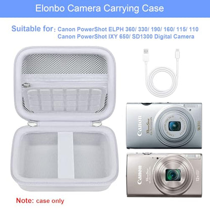 Elonbo Carrying Case for Canon PowerShot ELPH 360 HS A/ 360 HS/ 360/ IXY 650 Digital Camera, Canon PowerShot ELPH 330/190/160/115/130/110 Camera Hard Travel Bag, Mesh Pocket fits Battery Cable, White - color: White