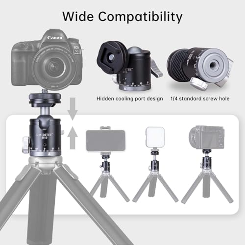 B19 Mini Ball Head with Hot Shoe Mount, Aluminum Alloy, 1/4" Standard Screw, 360 Degree Rotation, 30mm x 64mm, Black