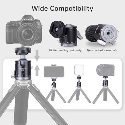 B19 Mini Ball Head with Hot Shoe Mount, Aluminum Alloy, 1/4" Standard Screw, 360 Degree Rotation, 30mm x 64mm, Black