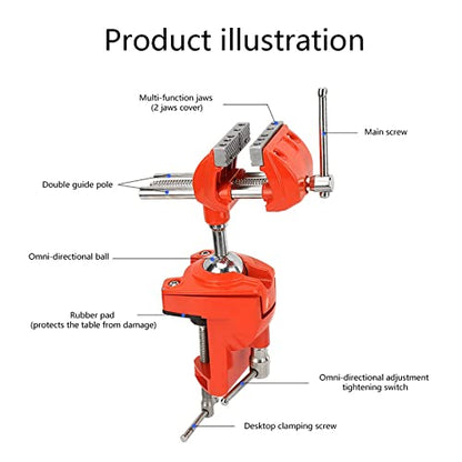 Clamp Bench Vise with Post Universal,360° Swiveling Articulating Vise,Table Clamp Vise with Swivel Base,Bench Vice for Woodworking,DIY,Drilling,Sawing Working(Orange)