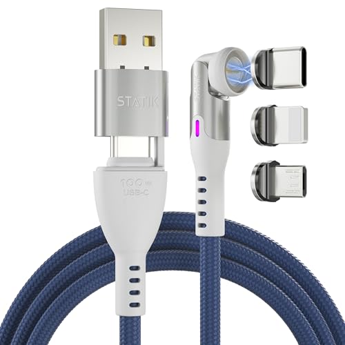 Statik 360 Pro Magnetic Charging Cable - Type C Charger Fast Charging 3 in 1 USB C to USB C Cable, Micro USB & iProduct Tips, USB A Adapter, Fits All Devices - 100W Fast Charger, Navy 6FT, 3 Pack - color: Navy, size: 6FT (3 Pack)