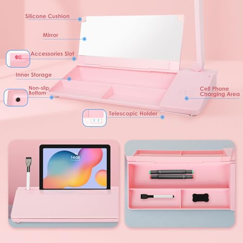 SHANTRA 16'' x 7'' Desktop Whiteboard with Fast Charger Station & Adjustable LED Lamp, Pink Desk Dry Erase Board with Organizer, Computer Pad & Keyboard Stand for Home, School, Office Desk Accessories - color: Pink With Led Lamp & Charger Station