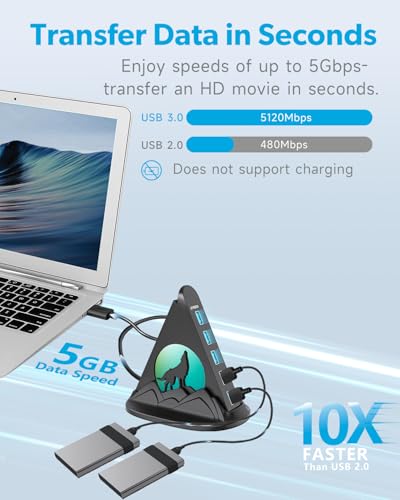 USB Hub 3.0, 7-Port USB Hub with RGB Night Light and Base, Vertical USB a Splitter for Desktop,Laptop, MacBook, Xbox, PS4/5, Game Console, Flash Drive, XPS, PC, Printer, Camera, Keyboard - color: Black